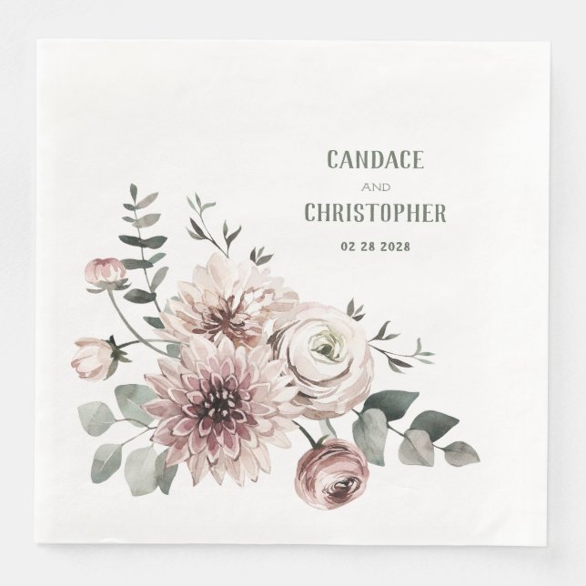Elegant Eucalyptus Blush Pink Ranunculus & Dahlias Napkin (Front)