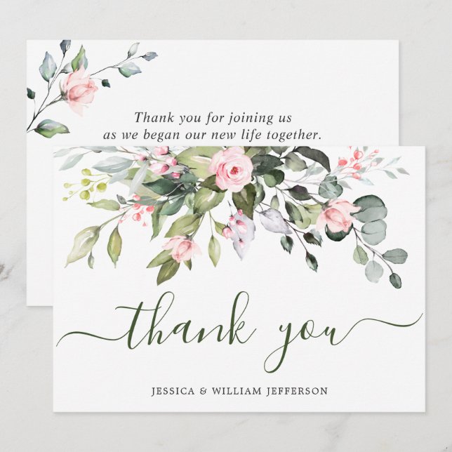 Elegant Eucalyptus Blush Pink Roses Floral Thank You Card (Front/Back)