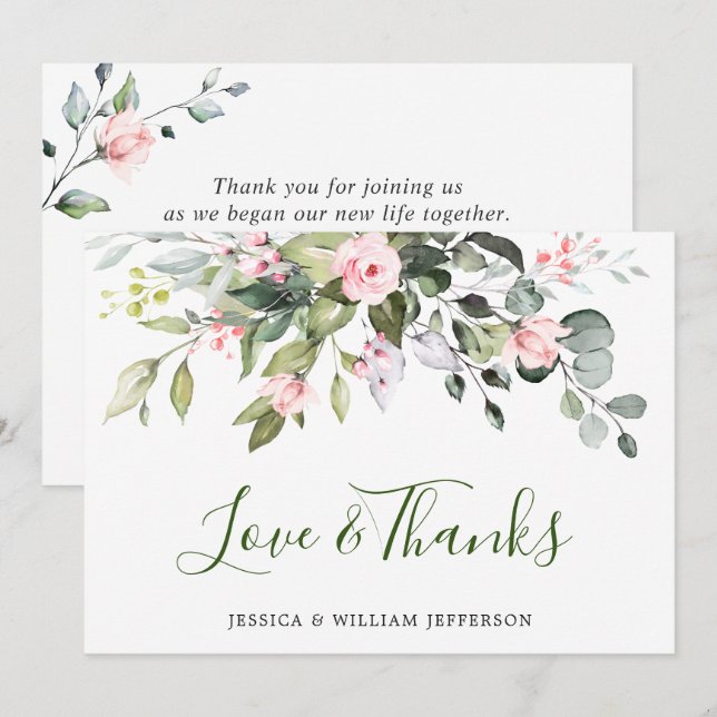 Elegant Eucalyptus Blush Pink Roses Floral Thank You Card (Front/Back)