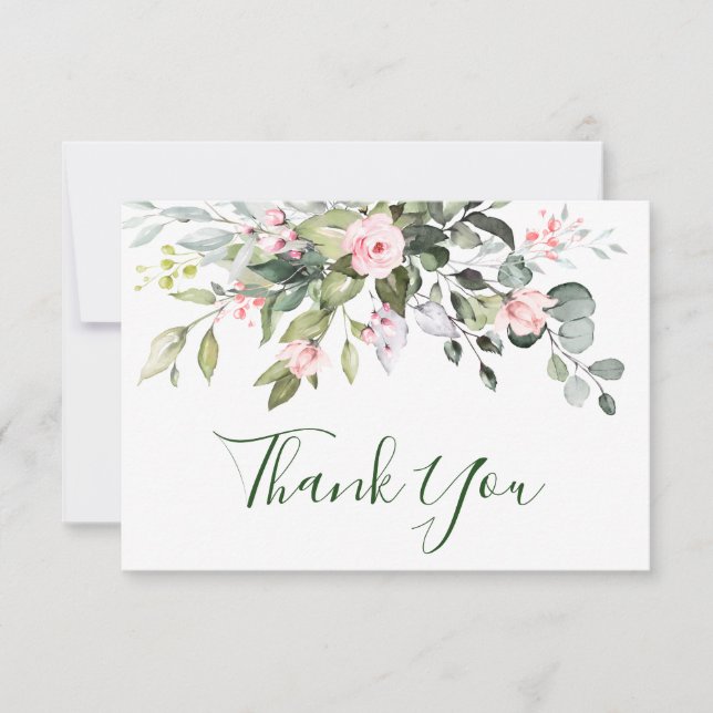 Elegant Eucalyptus Blush Pink Roses Floral Wedding Thank You Card (Front)