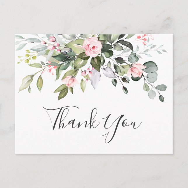Elegant Eucalyptus Blush Pink Roses Thank You Postcard (Front)