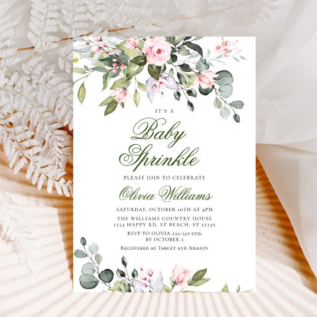 Elegant Eucalyptus Blush Roses Baby Sprinkle Invitation (Creator Uploaded)