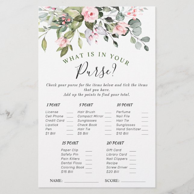 Elegant Eucalyptus Blush Roses Bridal Shower Game (Front)