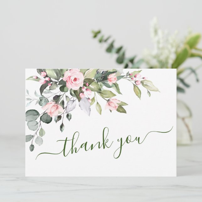 Elegant Eucalyptus Blush Roses Floral Wedding Thank You Card (Standing Front)