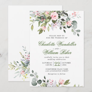 Elegant Eucalyptus Blush Roses Greenery Wedding Invitation