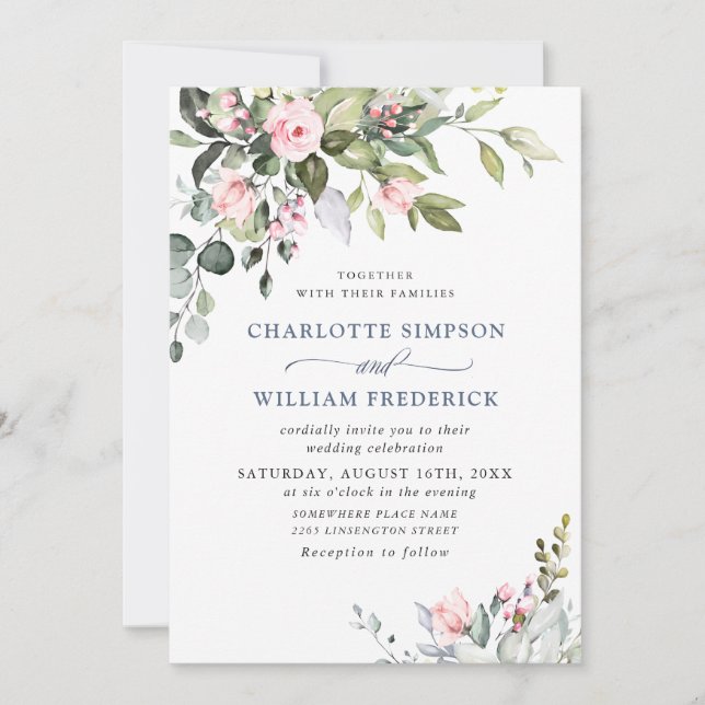 Elegant Eucalyptus Blush Roses Greenery Wedding Invitation (Front)