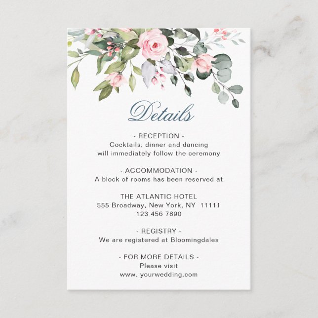 Elegant Eucalyptus Blush Roses Wedding Details Enclosure Card (Front)