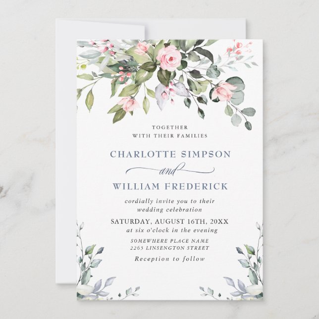 Elegant Eucalyptus Blush Roses Wedding Invitation (Front)