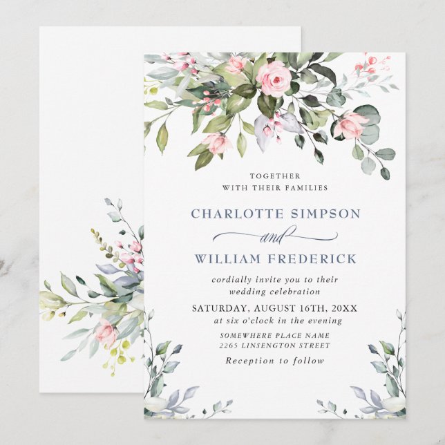 Elegant Eucalyptus Blush Roses Wedding Invitation (Front/Back)