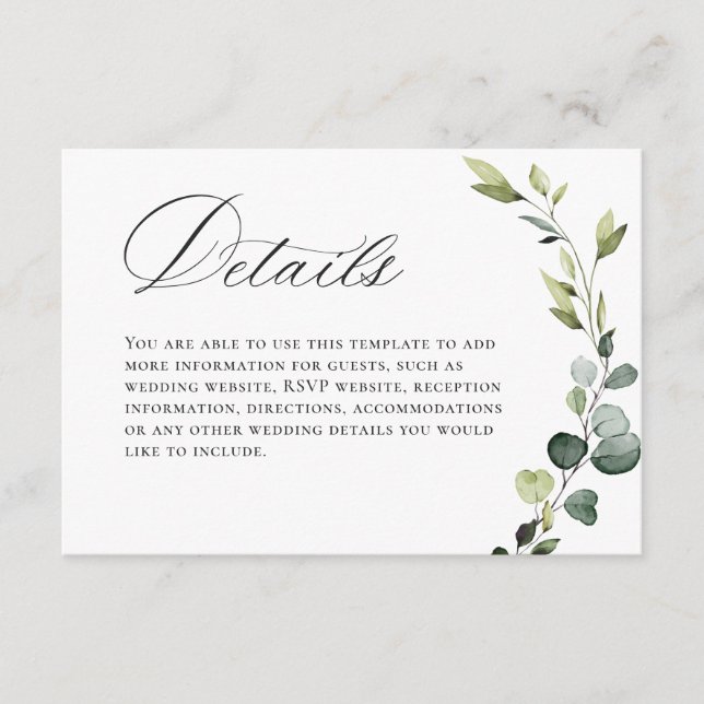 Elegant Eucalyptus Bohemian Wedding Enclosure Card (Front)