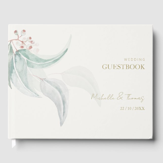 Elegant Eucalyptus Boho Chic Golden Script Guest Book (Front)
