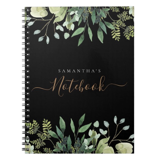 Elegant Eucalyptus Botanical Black Gold Script Notebook (Front)