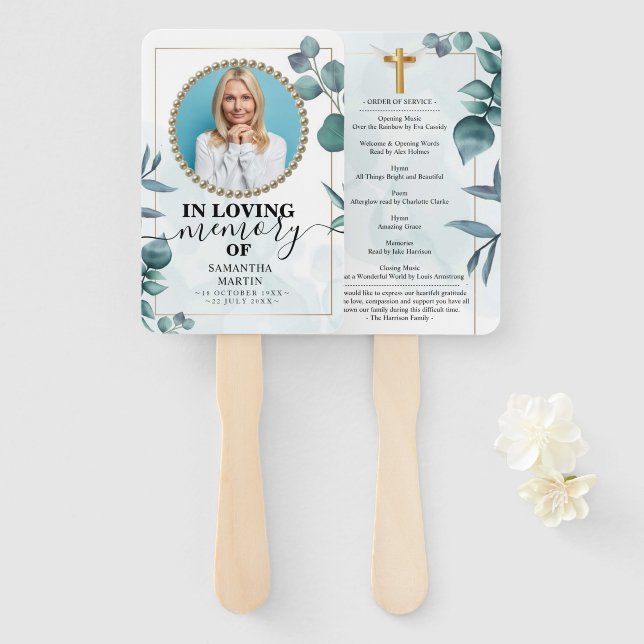 Elegant Eucalyptus Botanical Celebration of Life Hand Fan (Front and Back)