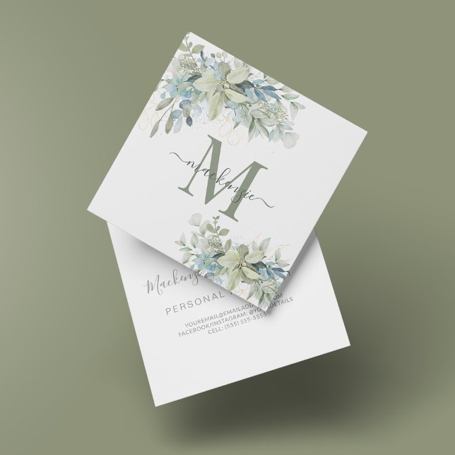 Elegant Eucalyptus Botanical Floral Monogram Square Business Card (Creator Uploaded)