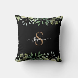 Elegant Eucalyptus Botanical Gold Monogram Script Cushion