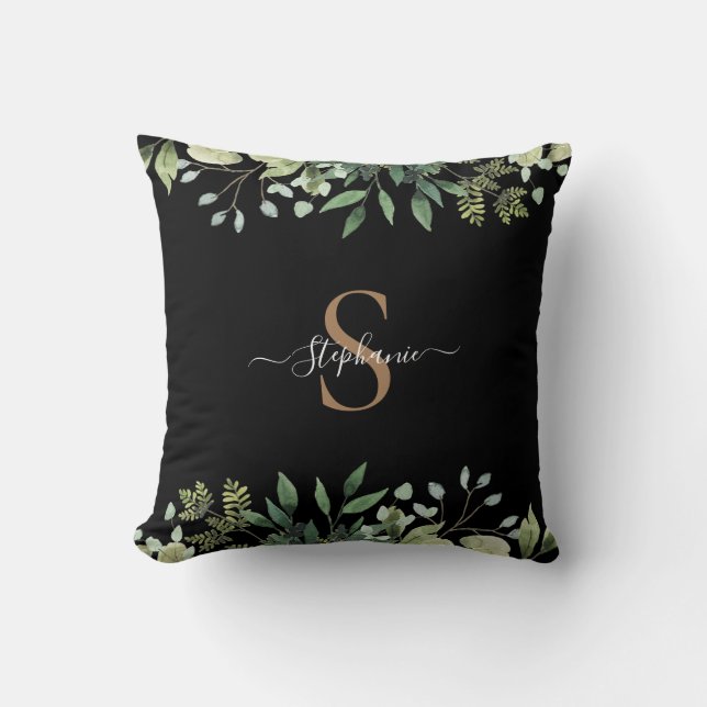 Elegant Eucalyptus Botanical Gold Monogram Script Cushion (Front)