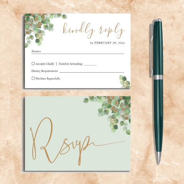 Elegant Eucalyptus Botanical Greenery Gold RSVP Card (Creator Uploaded)