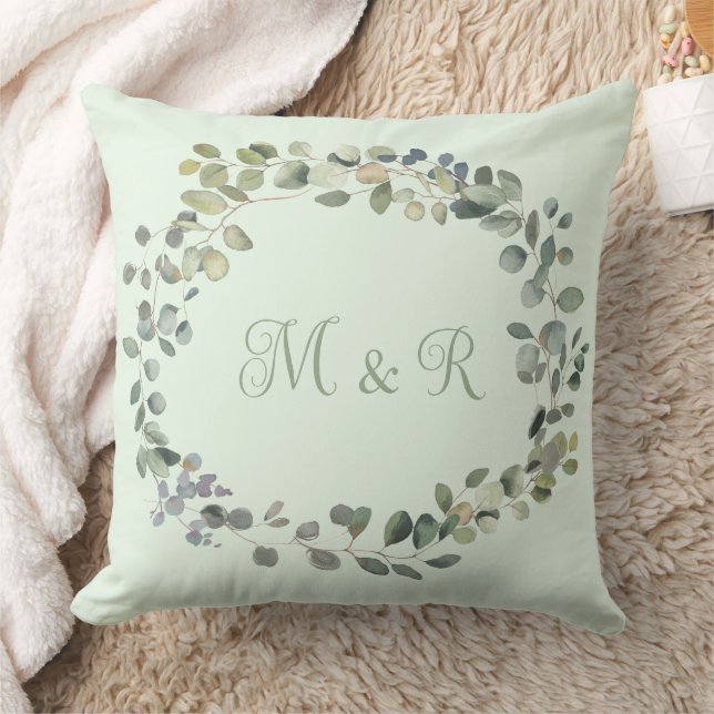 Elegant Eucalyptus Botanical Greenery Monogram Cushion (Blanket)