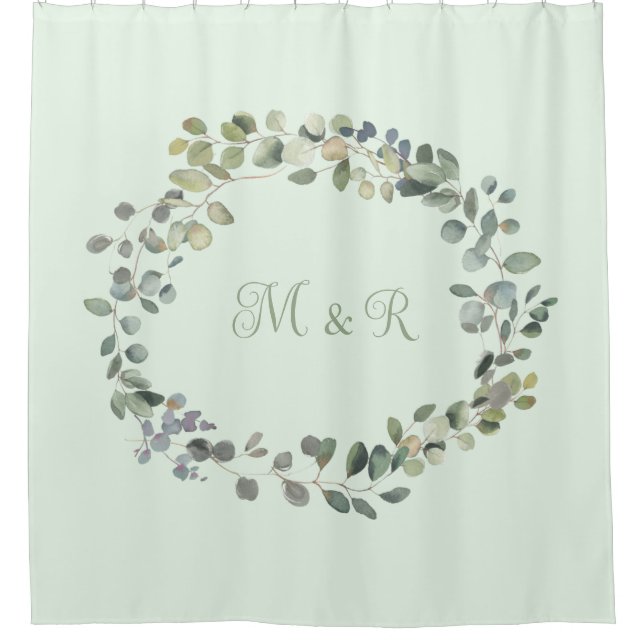 Elegant Eucalyptus Botanical Greenery Monogram Shower Curtain (Front)