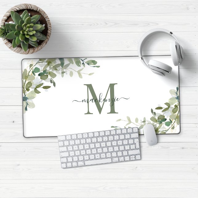 Elegant Eucalyptus Botanical Monogram Desk Mat (Modern Eucalyptus Botanical Monogram Desk Mat Mouse Pad)