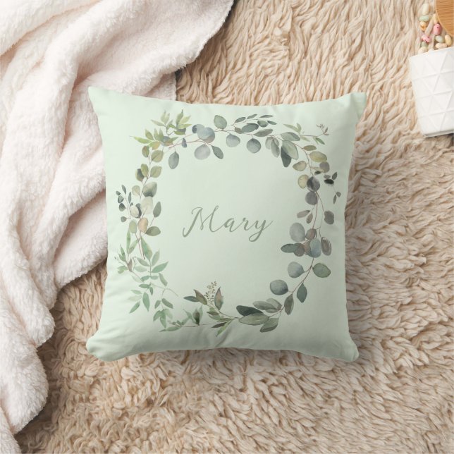 Elegant Eucalyptus Botanical Watercolor Greenery Cushion (Blanket)