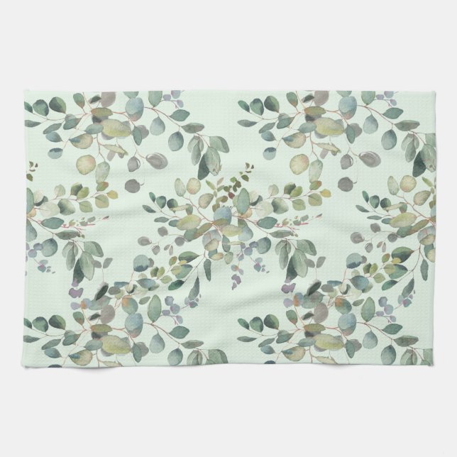 Elegant Eucalyptus Botanical Watercolor Greenery Tea Towel (Horizontal)