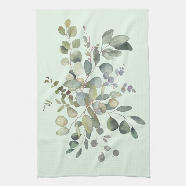 Elegant Eucalyptus Botanical Watercolor Greenery Tea Towel (Vertical)