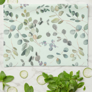 Elegant Eucalyptus Botanical Watercolor Greenery Tea Towel