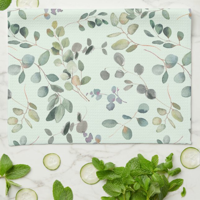 Elegant Eucalyptus Botanical Watercolor Greenery Tea Towel (Folded)