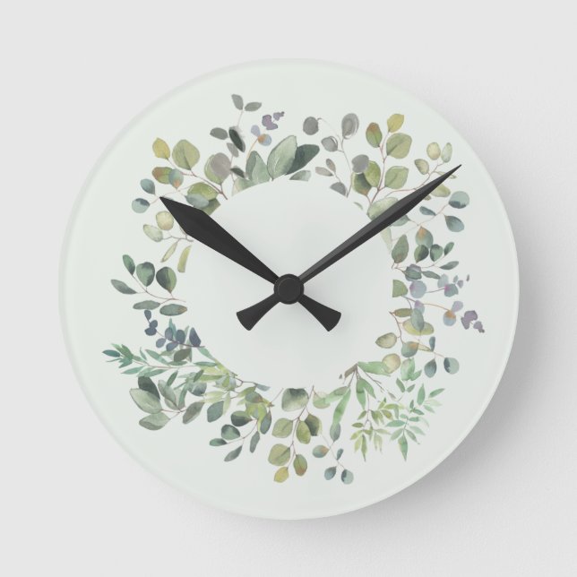 Elegant Eucalyptus Branch Botanical Dusty Green Round Clock (Front)