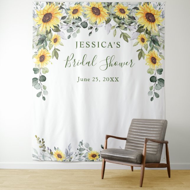 Elegant Eucalyptus Bridal Shower Photo Backdrop Tapestry (In Situ)