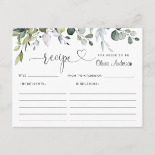 Elegant Eucalyptus Bridal Shower Recipe Card