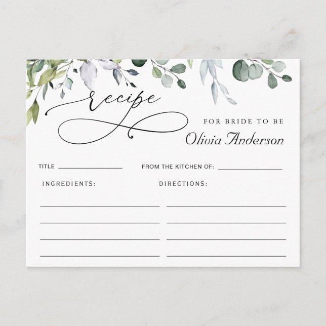 Elegant Eucalyptus Bridal Shower Recipe Card (Front)