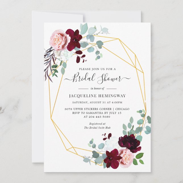 Elegant Eucalyptus Burgundy Floral Bridal Shower Invitation (Front)