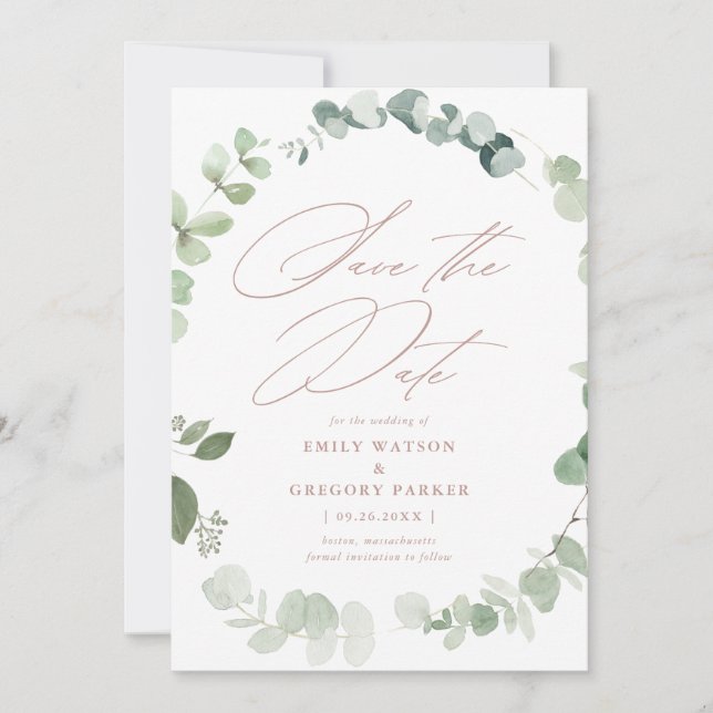 Elegant Eucalyptus Calligraphy Dusty Rose Wedding Save The Date (Front)