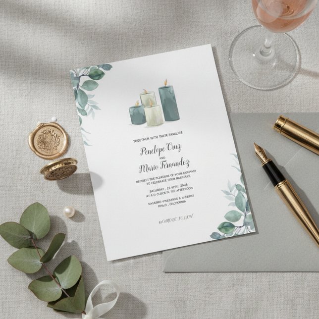 Elegant Eucalyptus & Candle Watercolor Wedding  Invitation (Creator Uploaded)