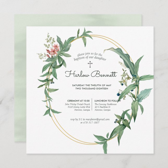 Elegant Eucalyptus Christening or Baptism Invitation (Front/Back)