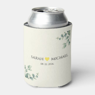Elegant Eucalyptus Cream and yellow Heart wedding Can Cooler
