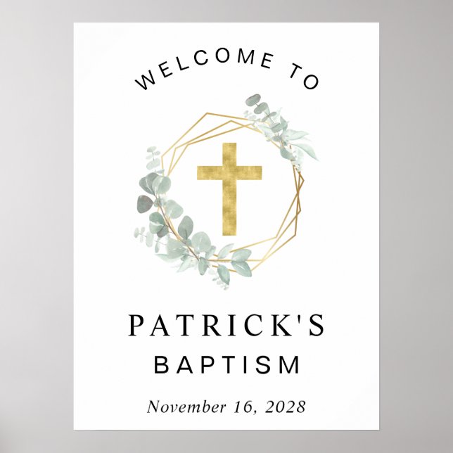Elegant Eucalyptus Cross Baptism Welcome Poster (Front)