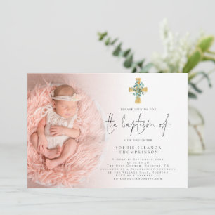 Elegant Eucalyptus Cross Photo Baptism Invitation