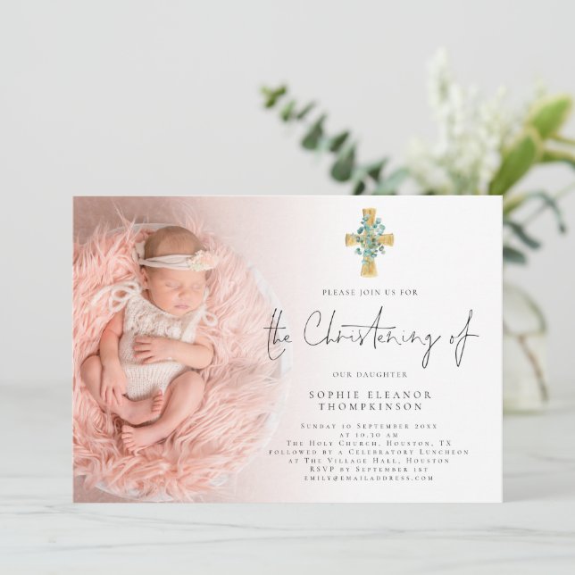 Elegant Eucalyptus Cross Photo Christening  Invitation (Standing Front)