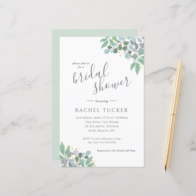 Elegant Eucalyptus Dusty Blue Bridal Shower Invite (Front/Back In Situ)