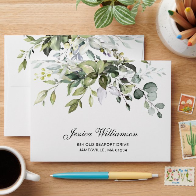 Elegant Eucalyptus Dusty Blue for 5x7 card RSVP Envelope (Desk)