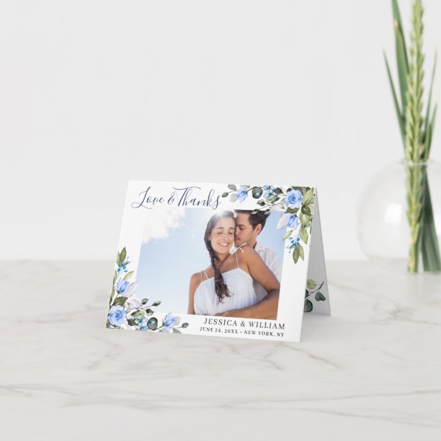 Elegant Eucalyptus Dusty Blue Roses Simple PHOTO Thank You Card (Front)