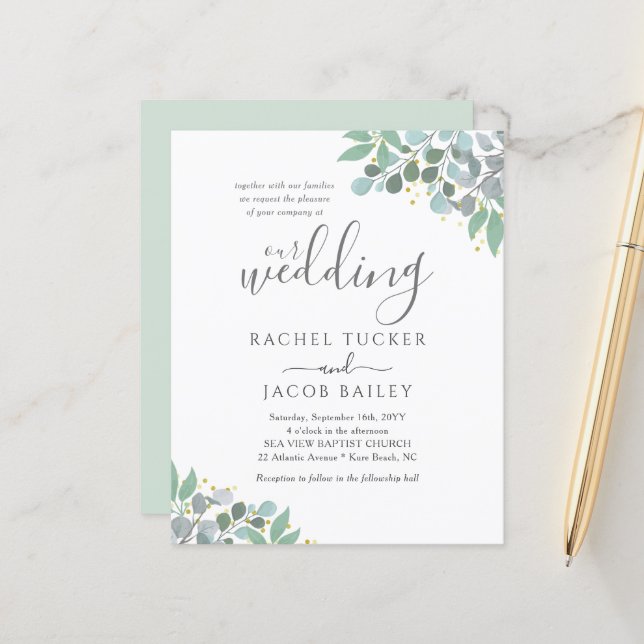 Elegant Eucalyptus Dusty Blue Wedding Invitation (Front/Back In Situ)