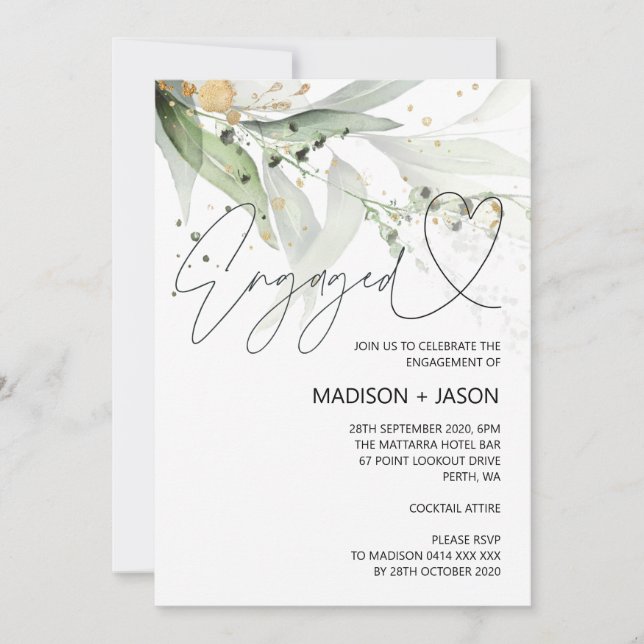 Elegant Eucalyptus Engagement Party Announcement (Front)