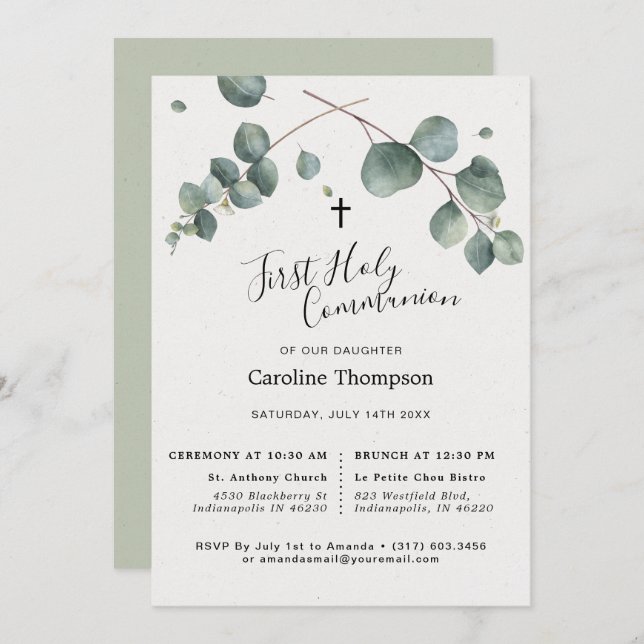 Elegant Eucalyptus First Holy Communion Invitation (Front/Back)