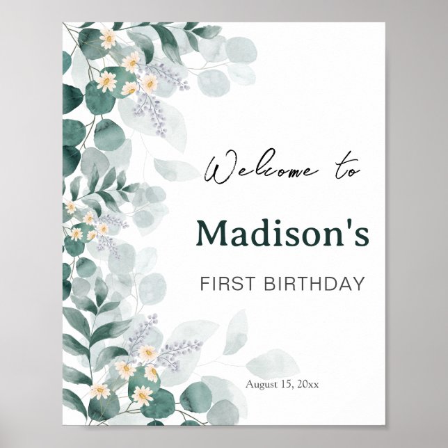 Elegant Eucalyptus Fisrt Birthday Welcome   Poster (Front)