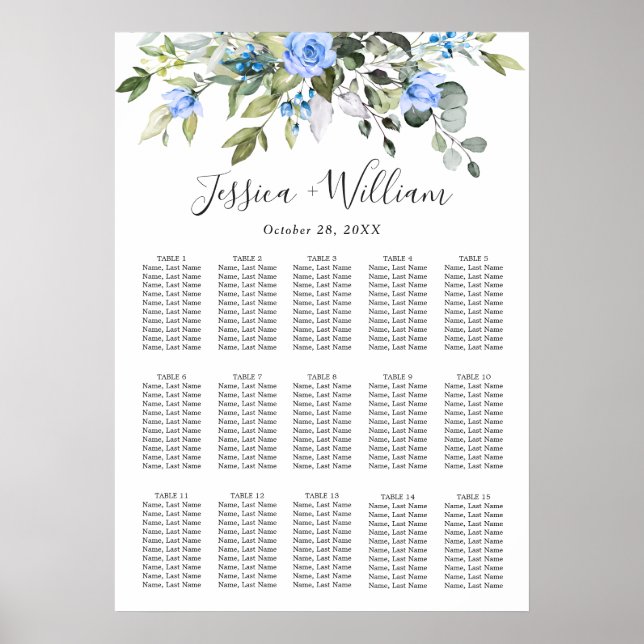 Elegant Eucalyptus Floral 15 Tables SEATING CHART (Front)