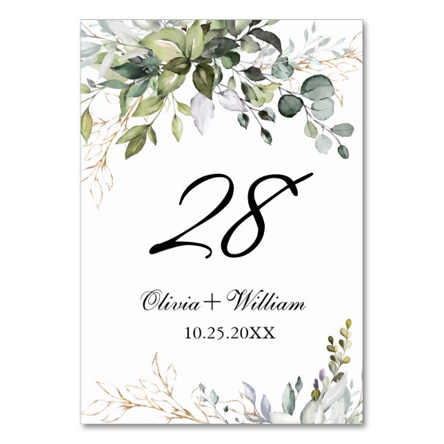 Elegant Eucalyptus Floral Wedding Table Number (Front)